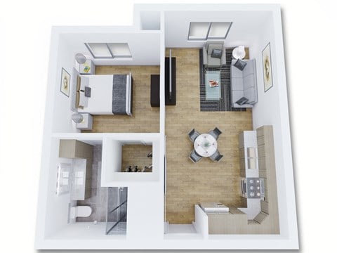 Floor plan for 1 bed, 1 bath, 617 sqft